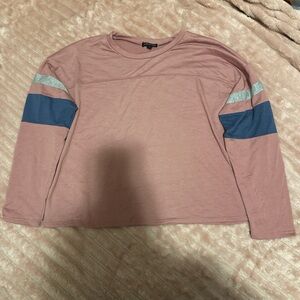 Pink Long Sleeve Top with Blue and Gray Stripes